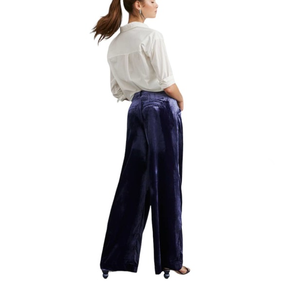 Anthropologie Wide Leg Velvet Trousers Pants Size 6 Tall Blue - Picture 7 of 9